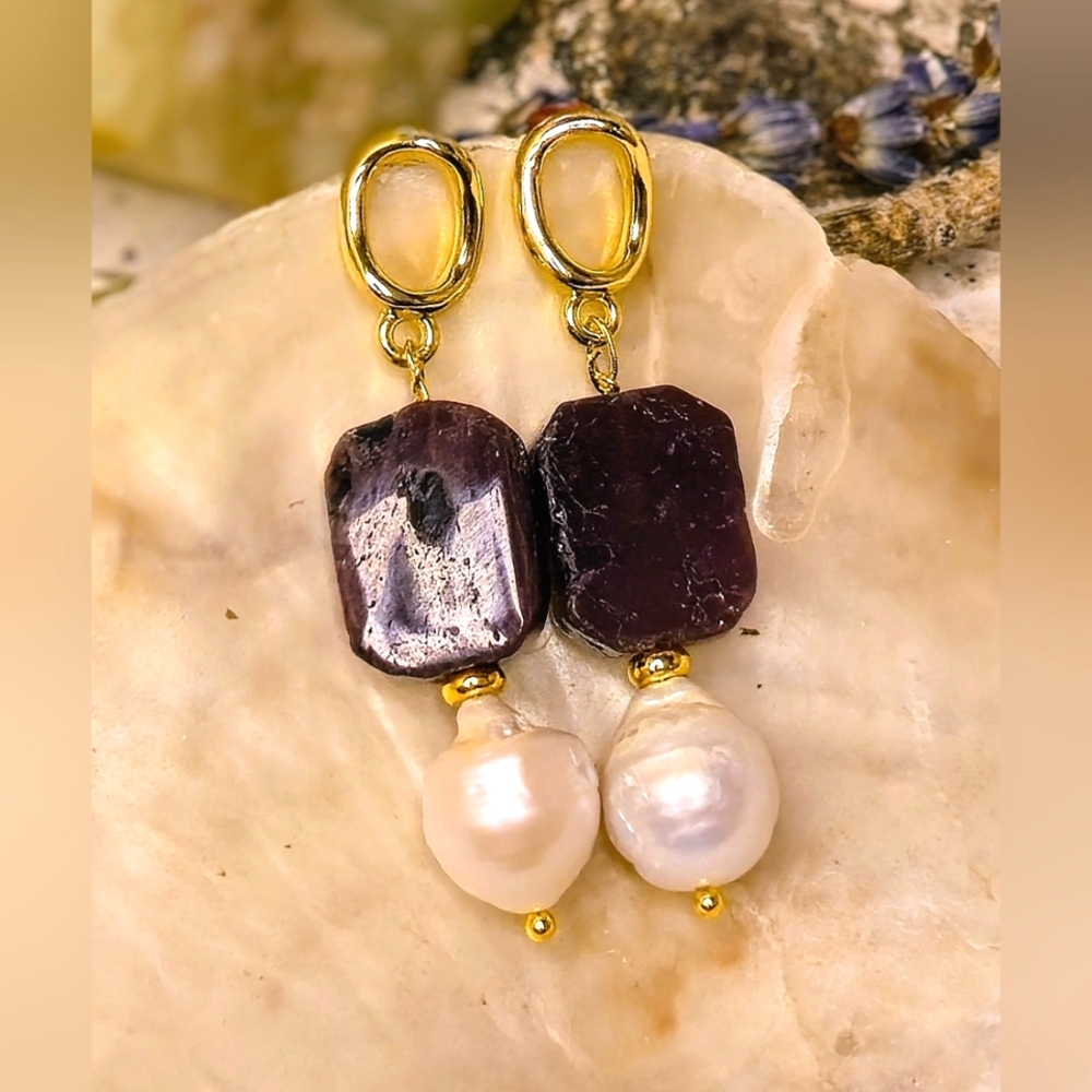 Natural Garnet & White Freshwater Baroque Pearl Artisan Earrings
